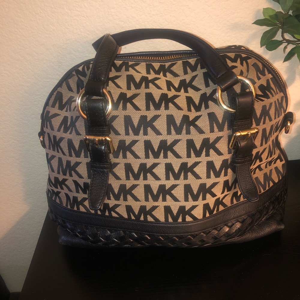 Michael Kors Black Monogram Satchel with back leather accent. - Picture 2 of 9